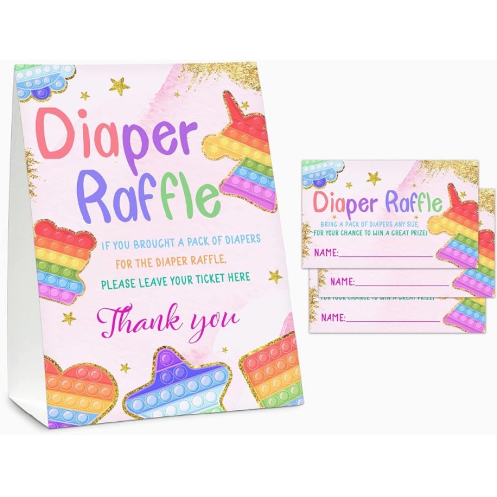 Diaper Raffle Game Set, Rainbow Unicorn Pop on Over Baby Shower Party Supplies